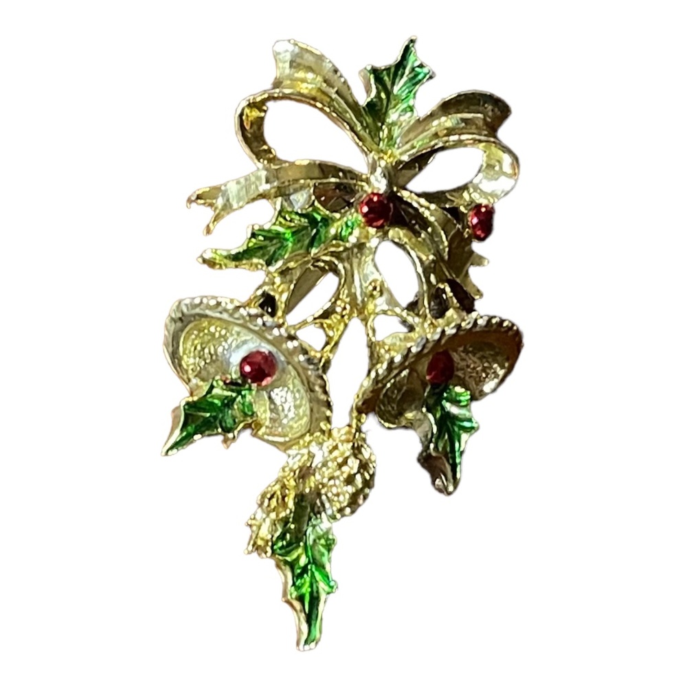 Vintage Jerry’s Holly and Bells Red Berries Pin Brooch Lapel Christmas Signed